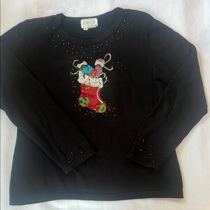 Vintage Just B Black Holiday Sweater with Colorful Sequin Stocking